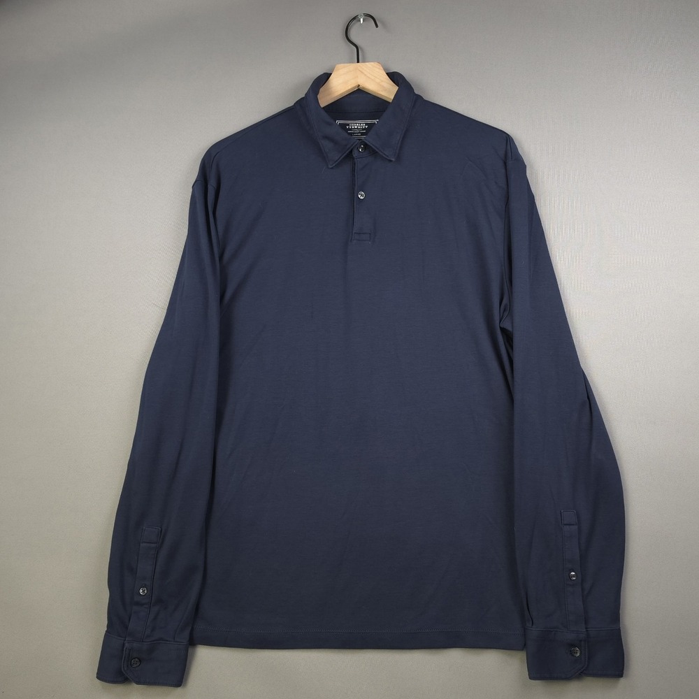 Charles Tyrwhitt Men's Large Navy Blue Long Sleeve Jersey Polo Shirt 100% Cotton